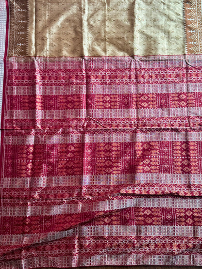 Golden baige and maroon-ish red handwoven Sambalpuri pure Ikkat silk saree | Odisha Weaves