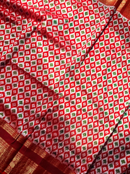 Red Twill Ikkat (Pochampally)handwoven pure silk Saree with Zari Woven Kanchipuram Border