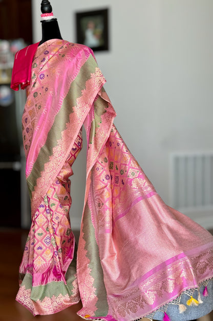 Luxurious Pink Banarasi pure katan silk saree with multicolor thread kadhwa meenakari weaving