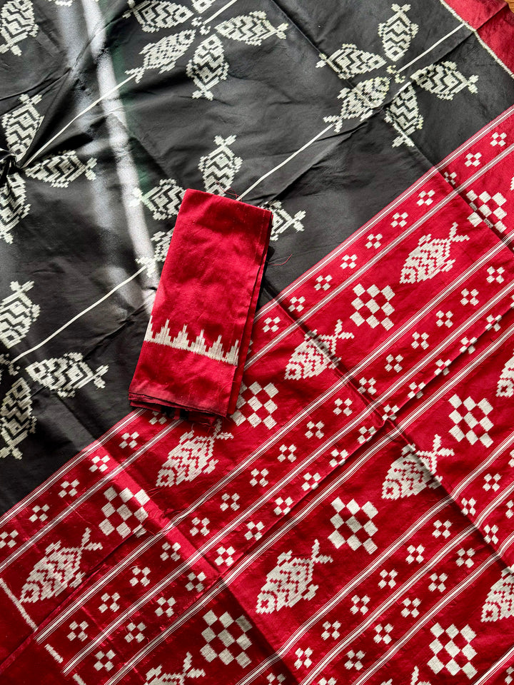 Black color fish motif handwoven ikat pure silk saree|Odisha Weaves|Contemporary Ikat|