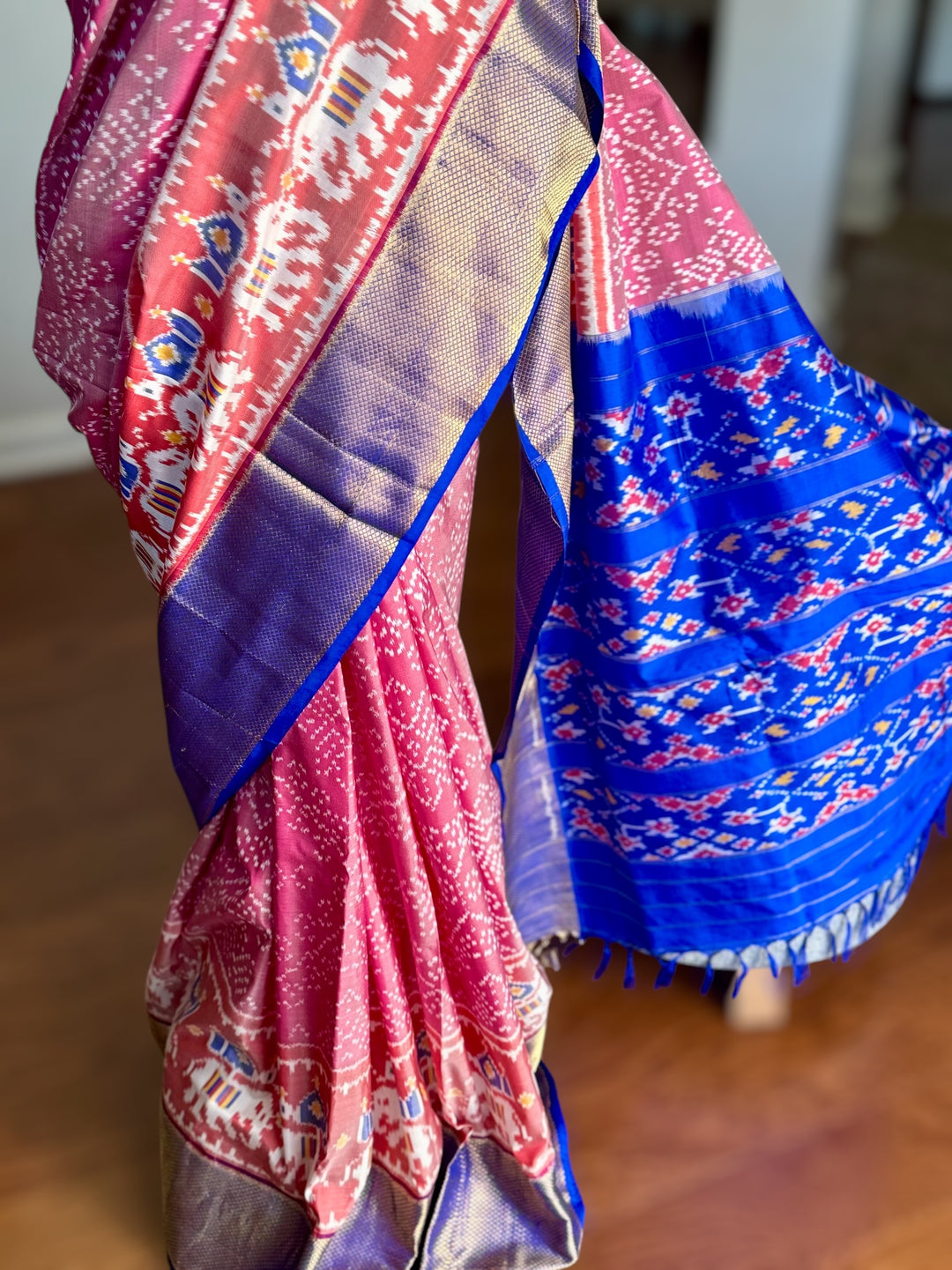 Shot pink Pochampally ikat pure silk saree