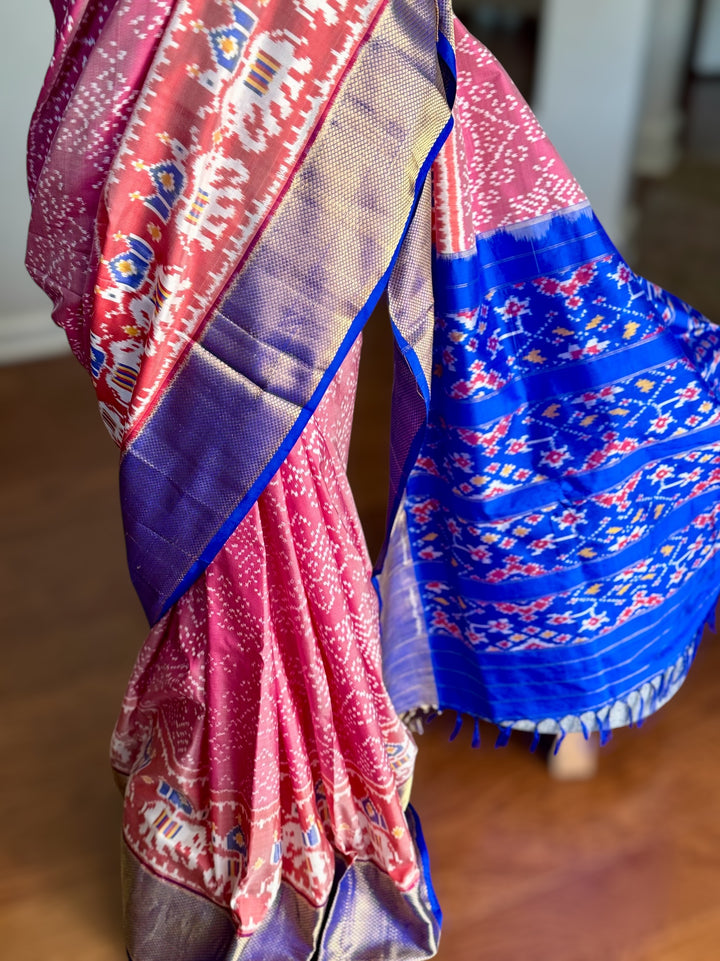 Shot pink Pochampally ikat pure silk saree