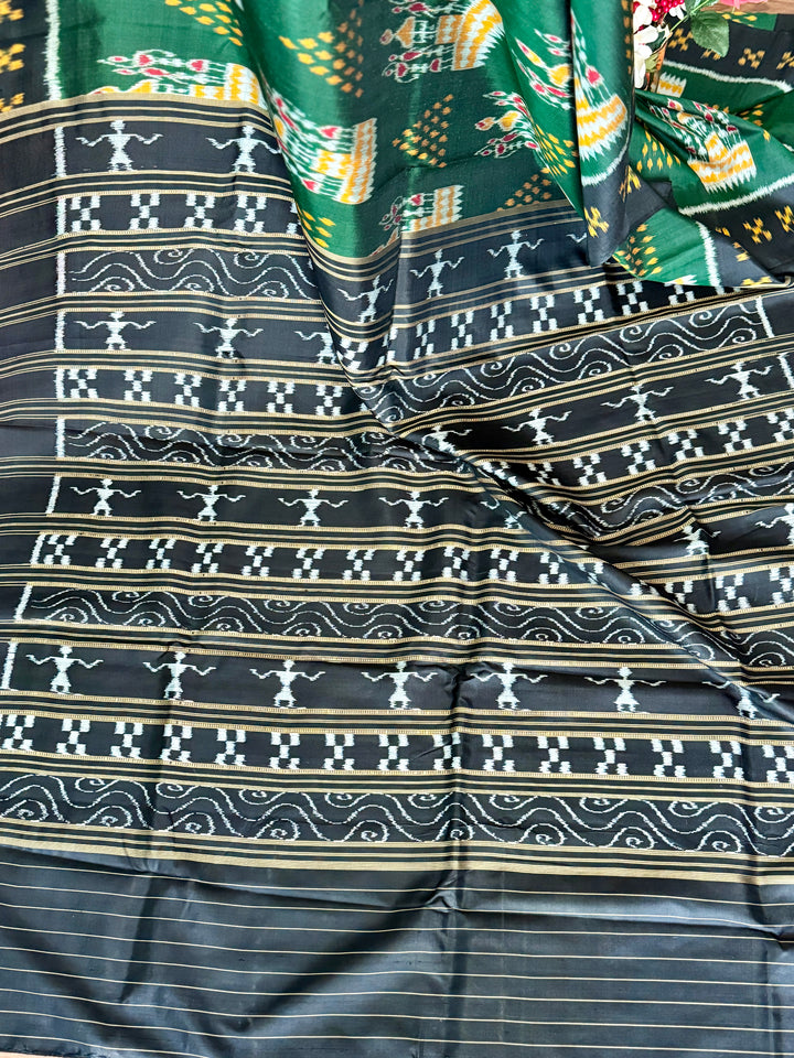 Dark Green Tribal Dance theme Contemporary Ikat Pure Silk Saree|Odisha Weaves