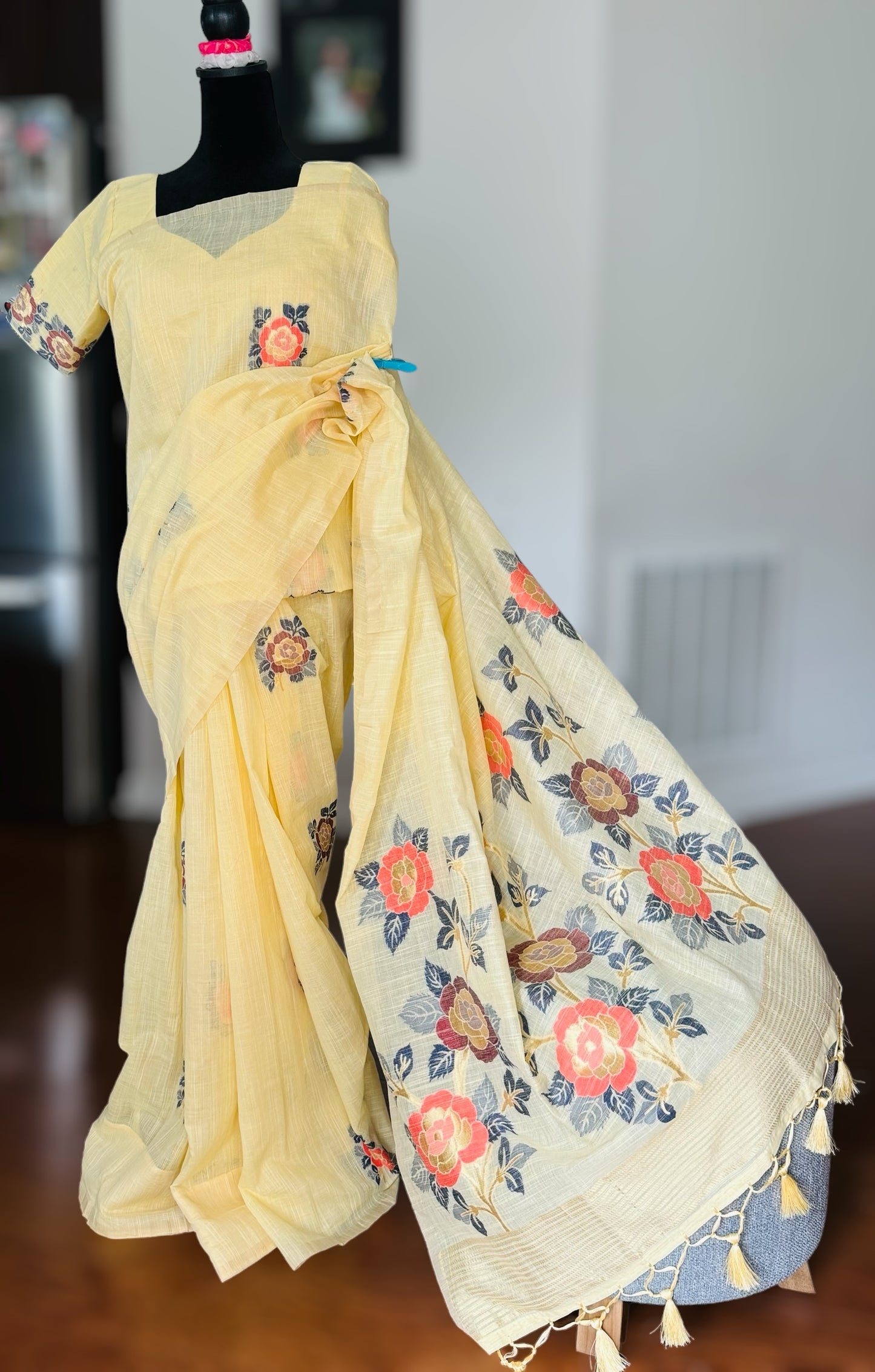 Light Yellow Linen by cotton saree with stitched blouse - Value Vogue Edition