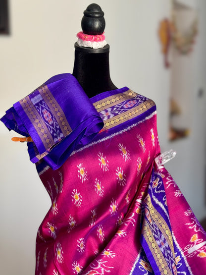 Magenta traditional ikat Khandua handwoven pure silk saree|Odisha Weaves