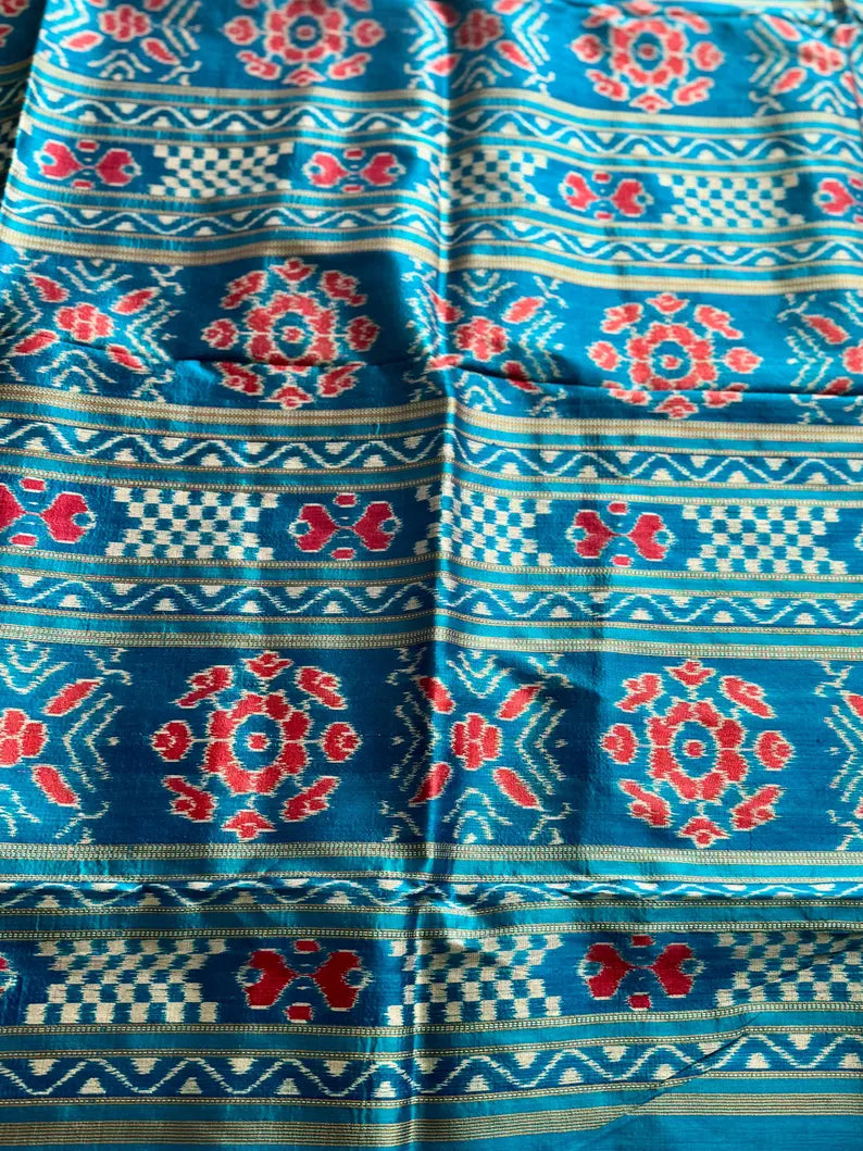 Baige Gold with blue combination handwoven contemporary ikat pure silk saree | Odisha weaves