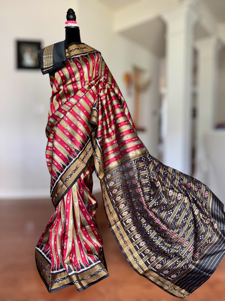 Maroon Beige Chandrika in striped body Contemporary Ikat Pure Silk Saree|Odisha Weaves|Mishrita
