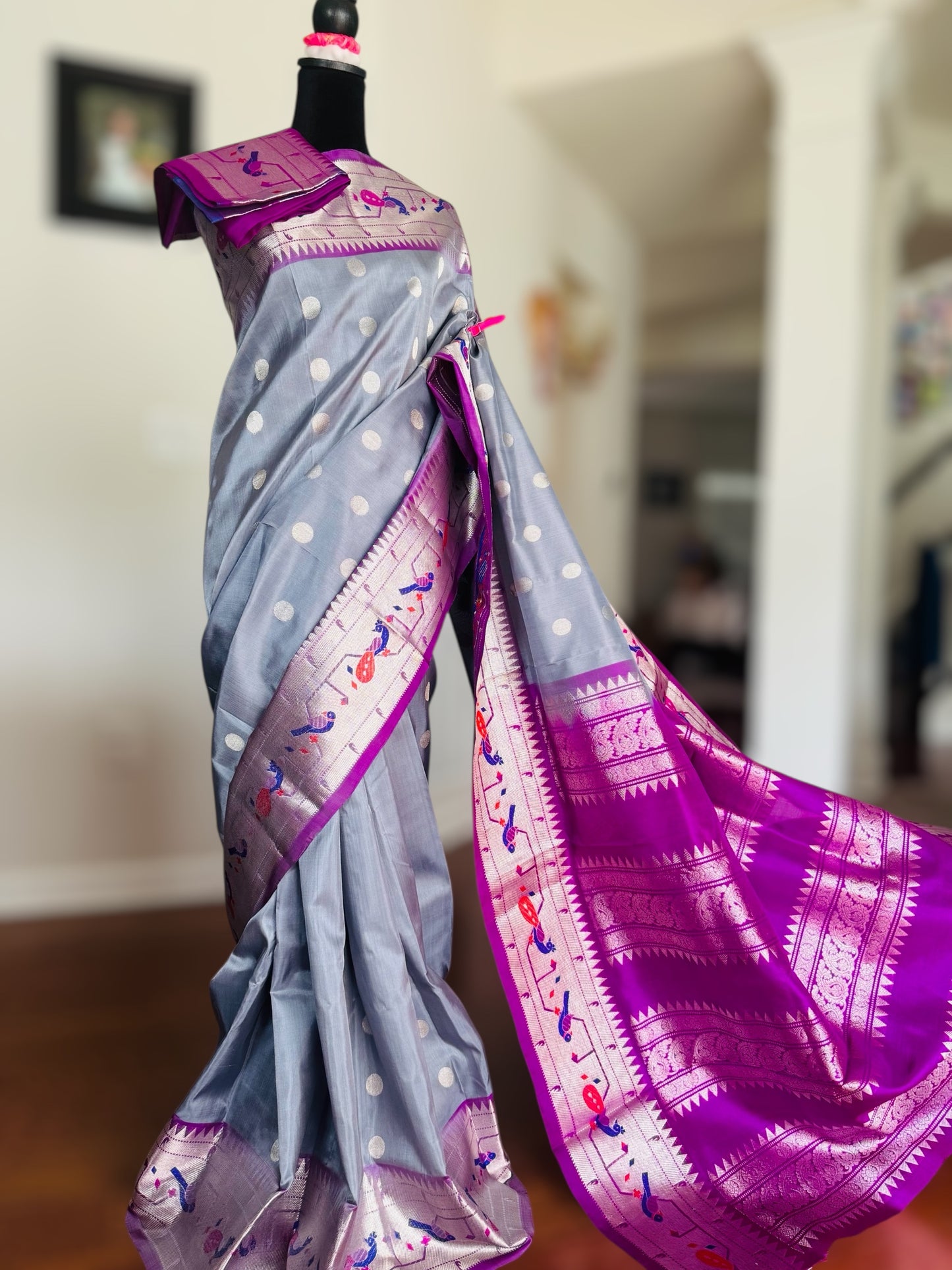 Grey purple high quality Venkatagiri handloom pure silk saree with Paithani border