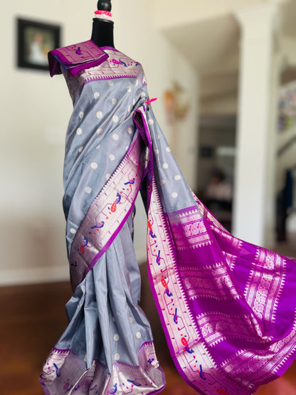 Grey purple high quality Venkatagiri handloom pure silk saree with Paithani border