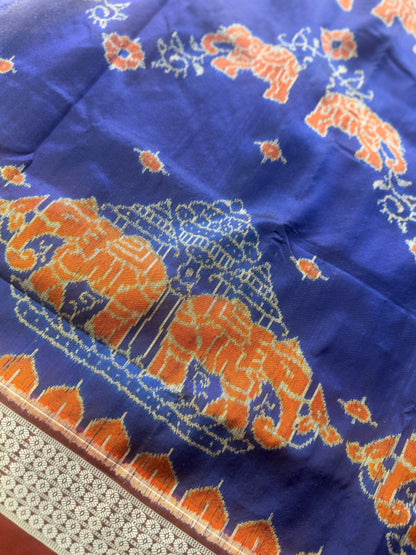 Blue & Maroon Sambalpuri Handwoven Ikat Elephant Motif pure silk Saree | Odisha weaves