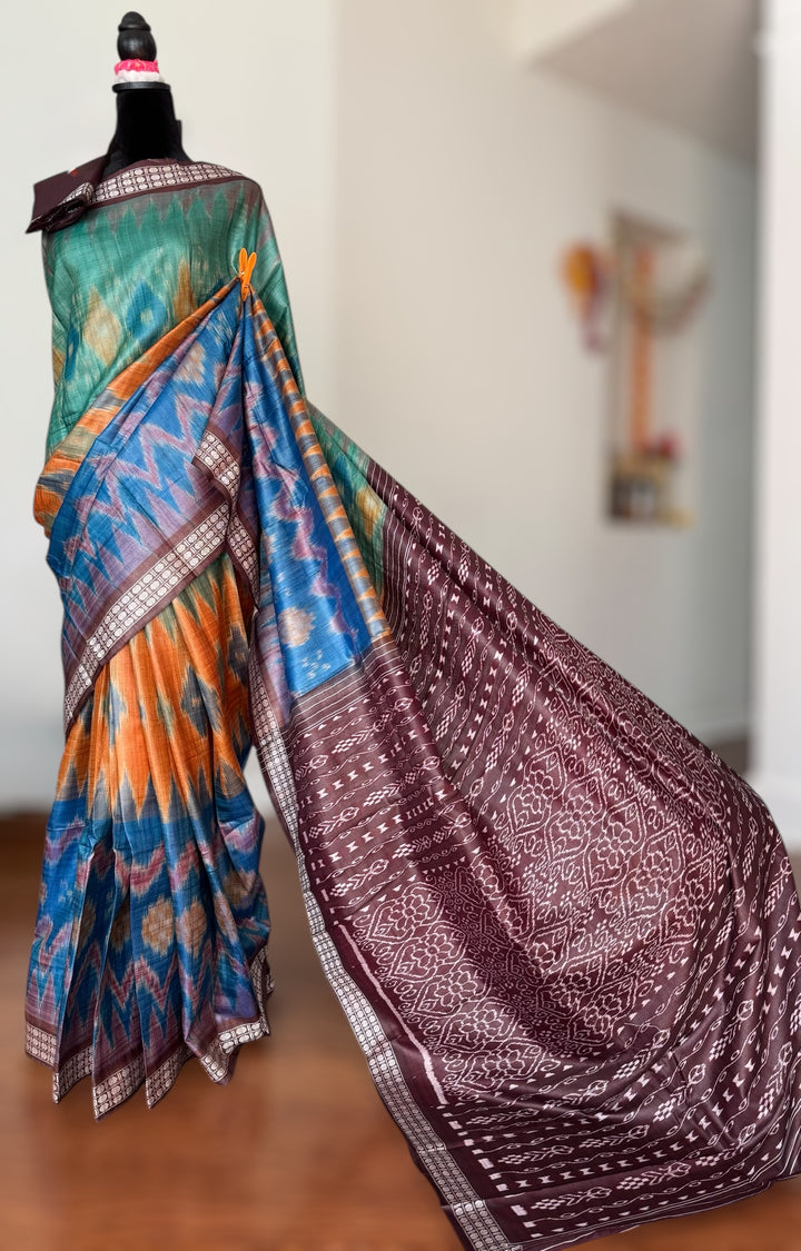 Multi colored Gopalpur handwoven pure Tussar silk saree with ikat pallu|Odisha weaves