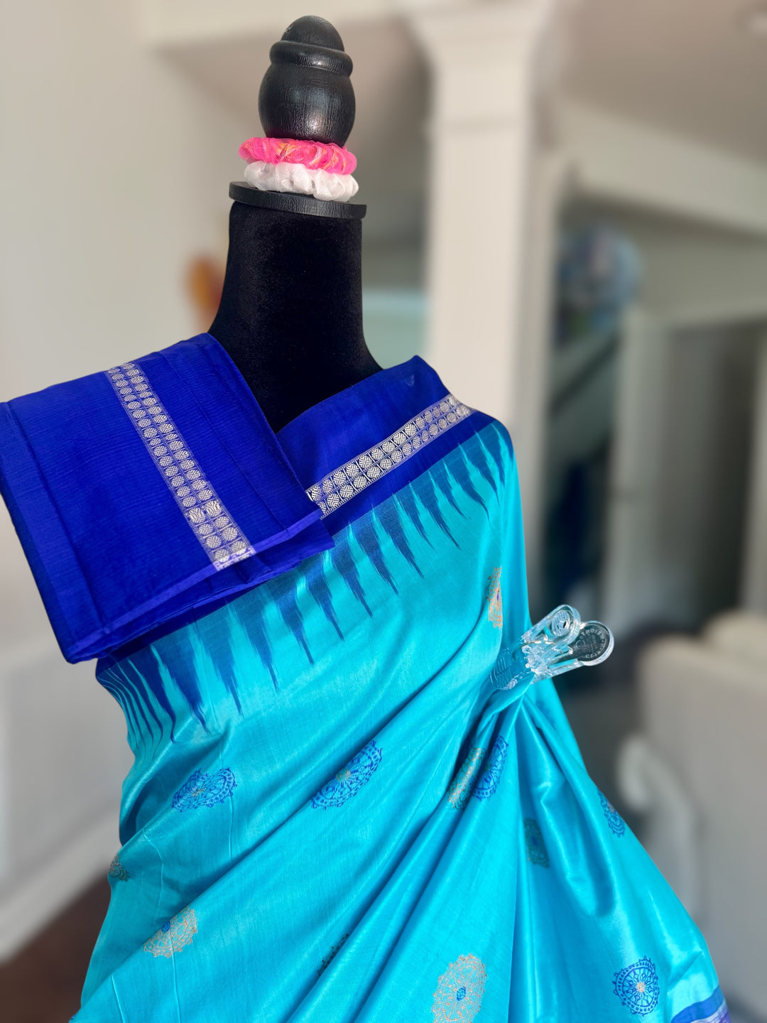 Konark theme Handwoven Bomkai Pure Silk Saree – Turquoise Blue with Royal Blue Pallu from Odisha Weaves