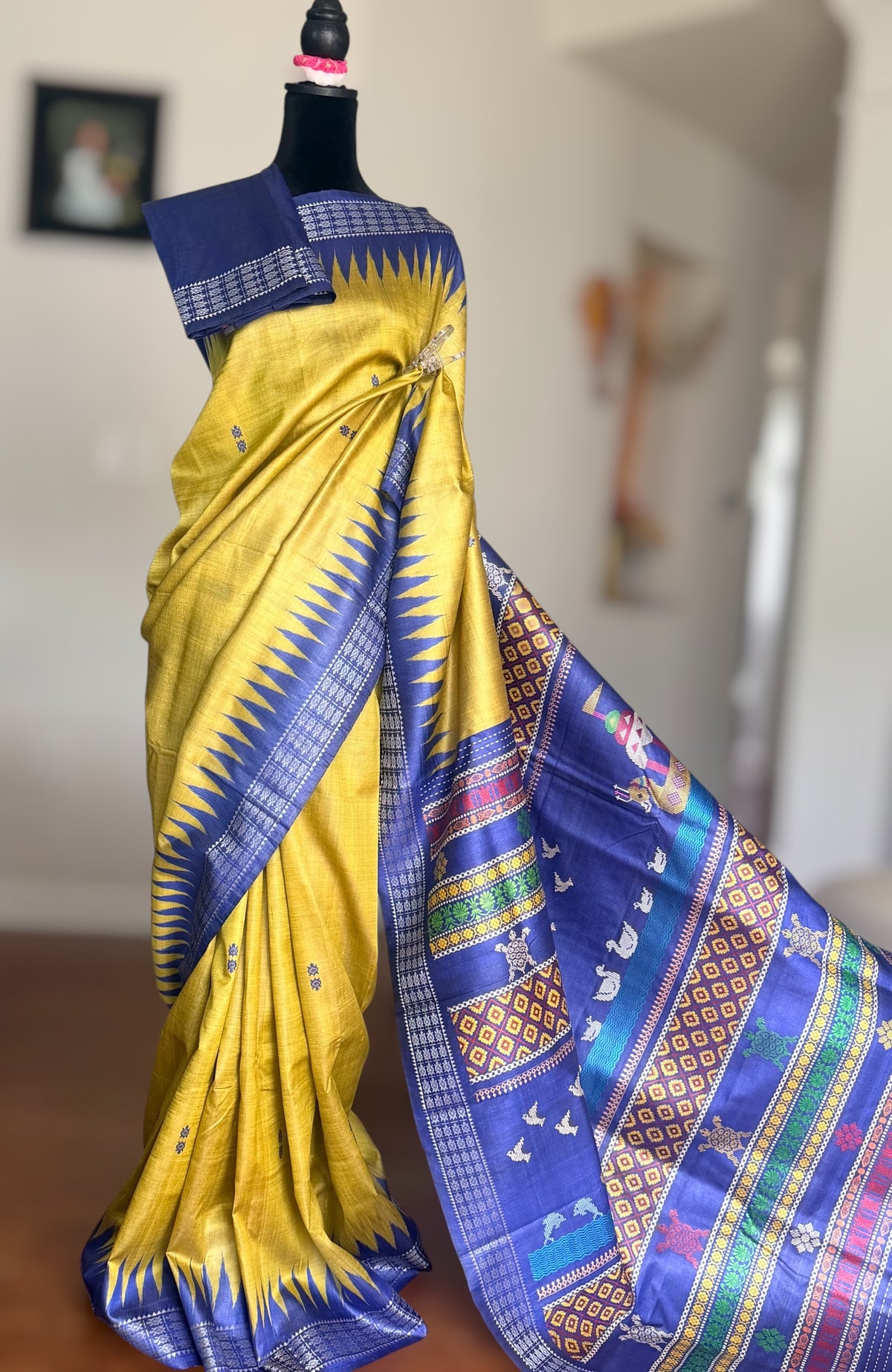 Boita theme handwoven pure Tussar silk saree in greenish yellow and blue color