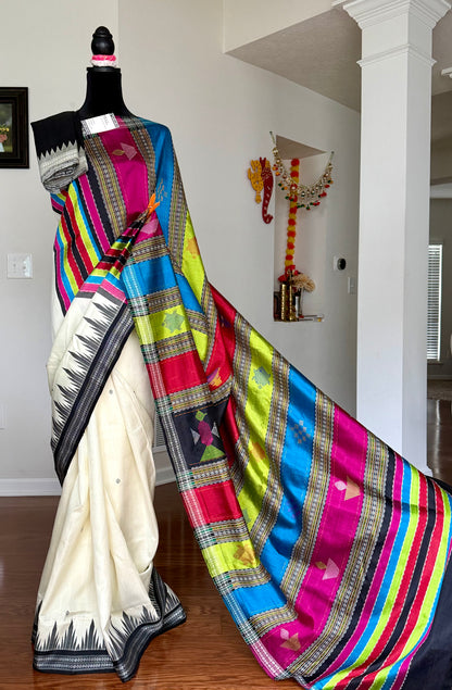 Off-white color traditional weaving Berhampuri colorful double pallu Pure Silk Saree