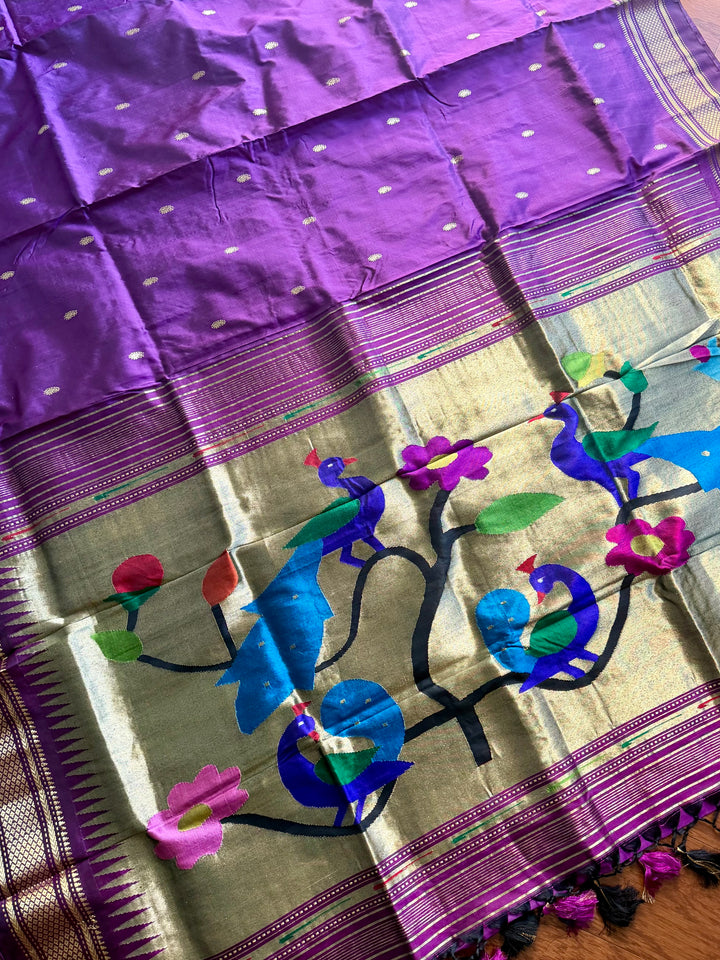Handwoven Pure Silk Paithani Saree: Purple, Peacock Floral Pallu