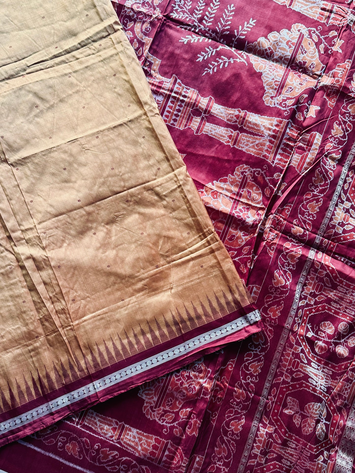 Pale Mustard Yellow Sambalpuri Ikat Pure Silk Saree with “Triphala” Ikat Pallu and Maroon Border