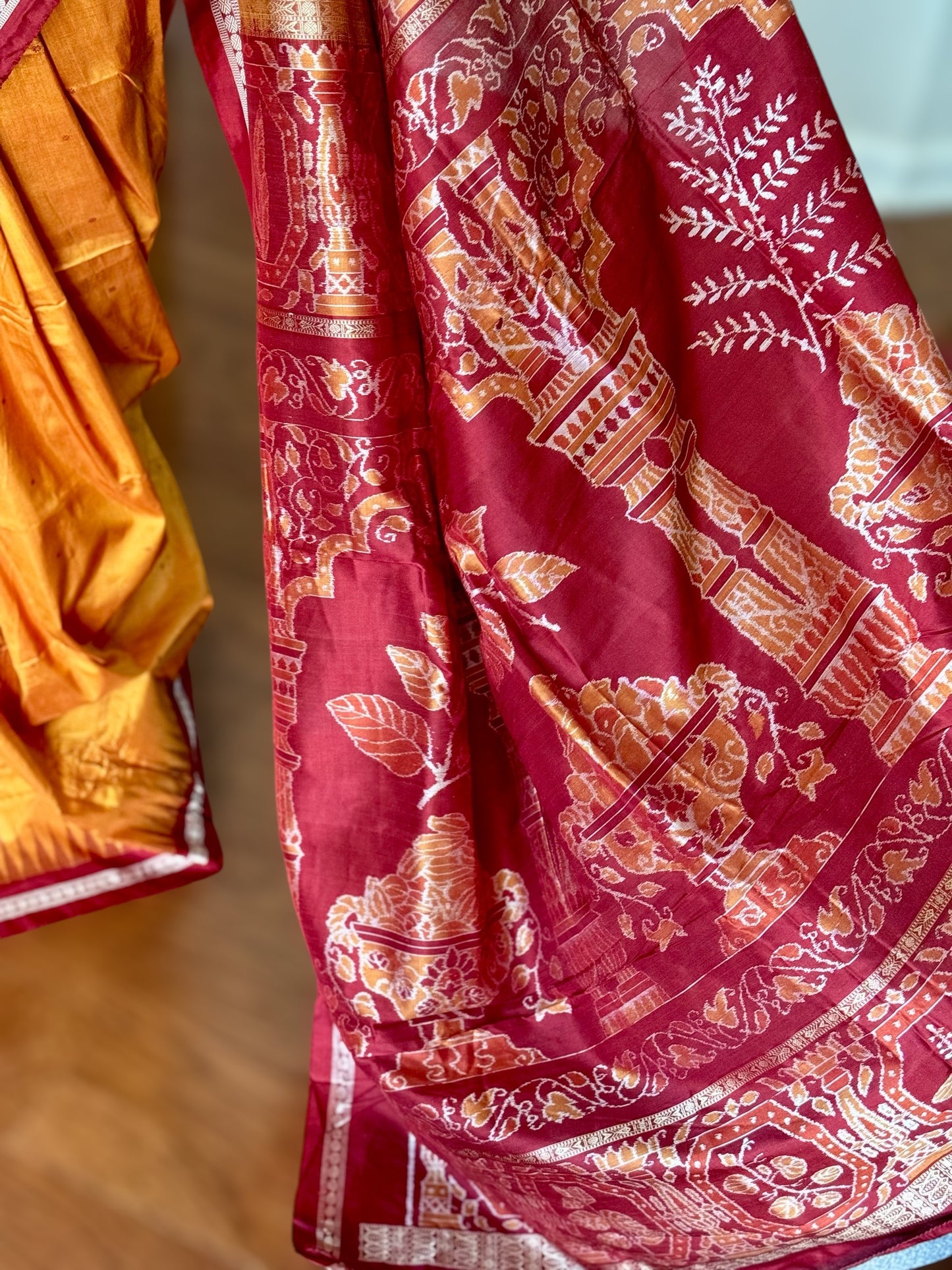 Pale Mustard Yellow Sambalpuri Ikat Pure Silk Saree with “Triphala” Ikat Pallu and Maroon Border