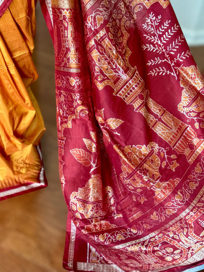 Pale Mustard Yellow Sambalpuri Ikat Pure Silk Saree with “Triphala” Ikat Pallu and Maroon Border