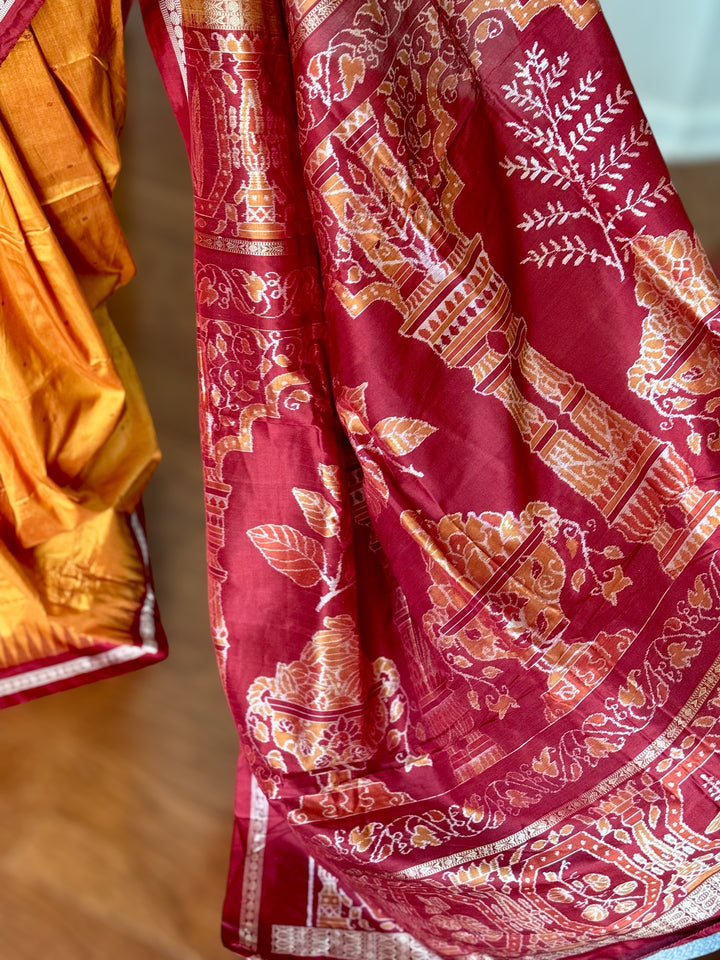 Pale Mustard Yellow Sambalpuri Ikat Pure Silk Saree with “Triphala” Ikat Pallu and Maroon Border |Odisha Weaves