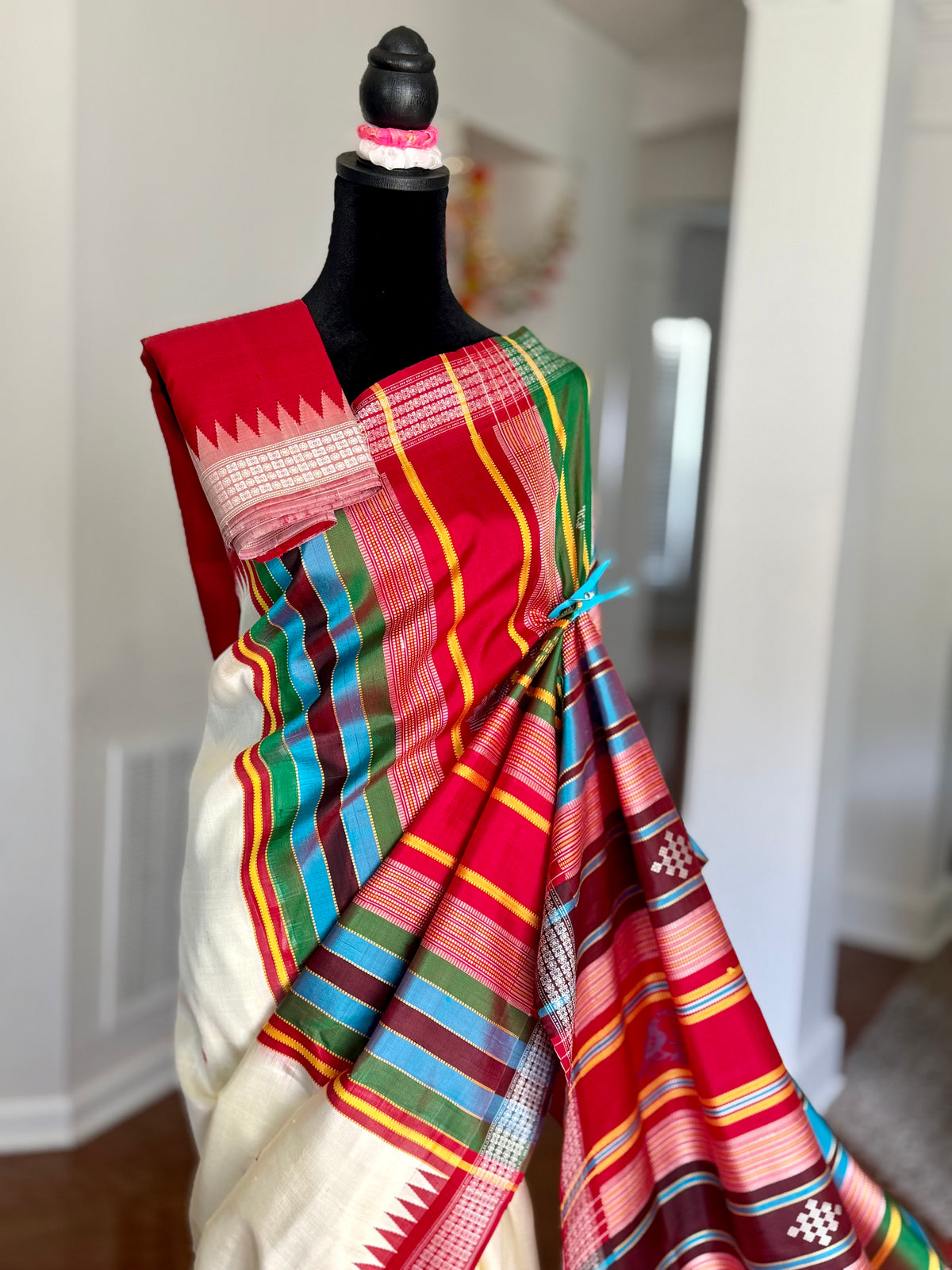 Off- White and Red Berhampuri Double pallu Pure Silk Saree| Odisha Weaves