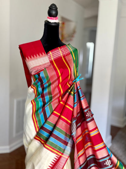 Off- White and Red Berhampuri Double pallu Pure Silk Saree| Odisha Weaves
