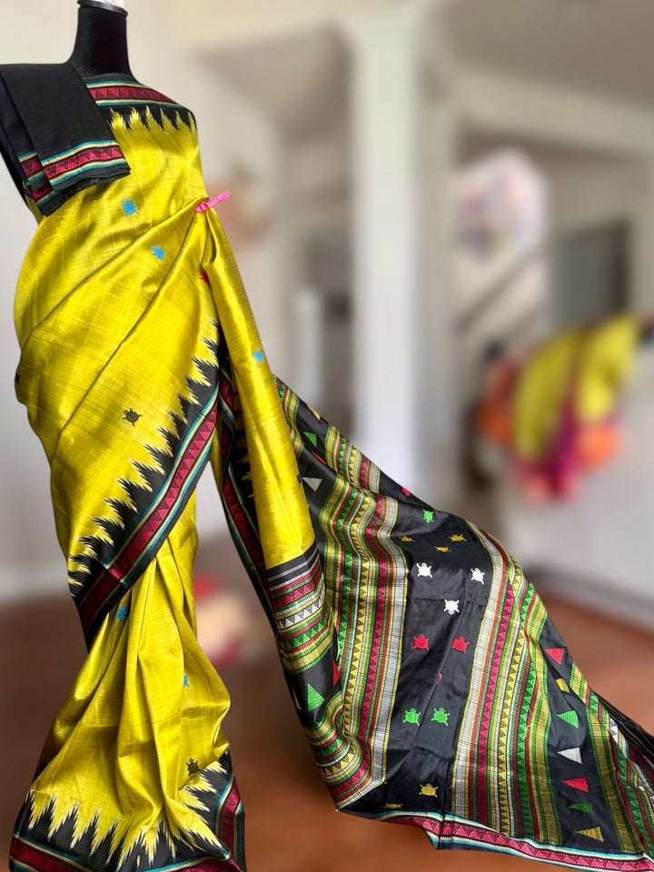 Light green and black combination Dongria double pallu contemporary ikat pure silk saree