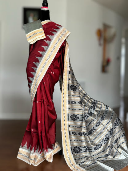 Maroon with cream combination khandua ikat pure silk saree from Odisha Weaves