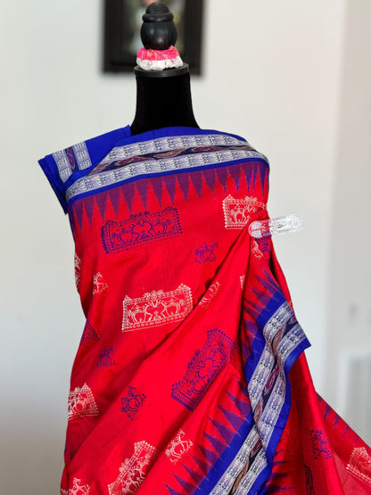 Gorgeous Bomkai pure silk saree in Red and Royal blue combination