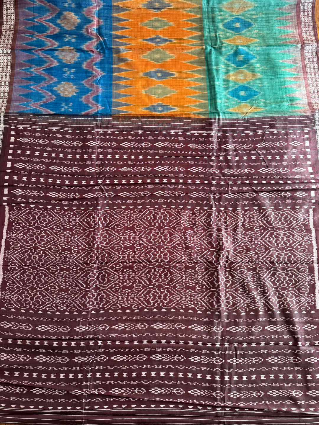 Multi colored Gopalpur handwoven pure Tussar silk saree with ikat pallu|Odisha weaves