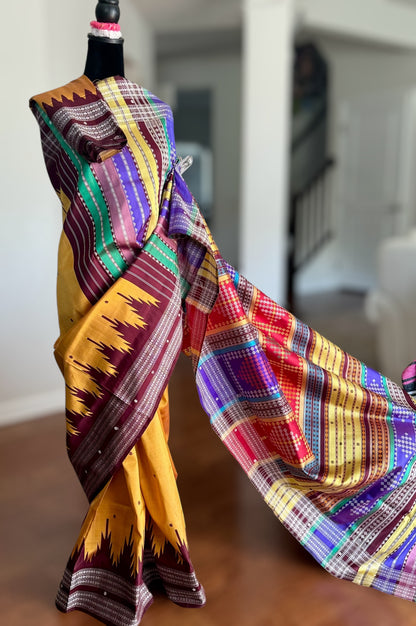 Mustard with brown  Berhampuri pure silk saree with colorful double pallu