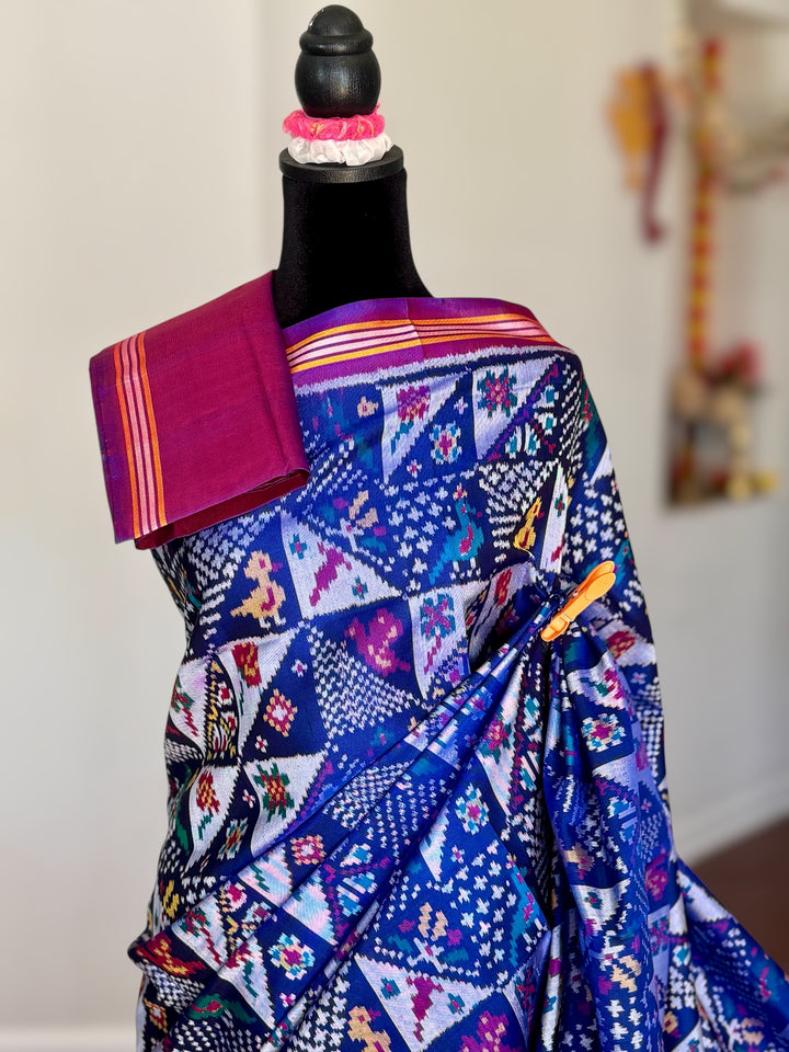 Blue color semi (double) ikat patan Patola pure silk saree
