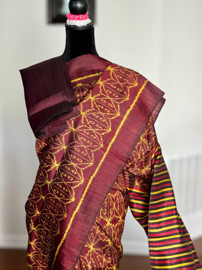 Brown Contemporary Pure silk ikat saree from Odisha weaves