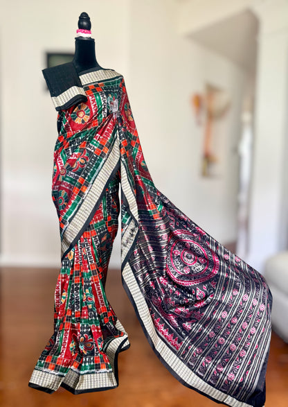 Handwoven Utkal Laxmi Sambalpuri ikat pure silk saree, orange pasapali in body|Odisha Weaves