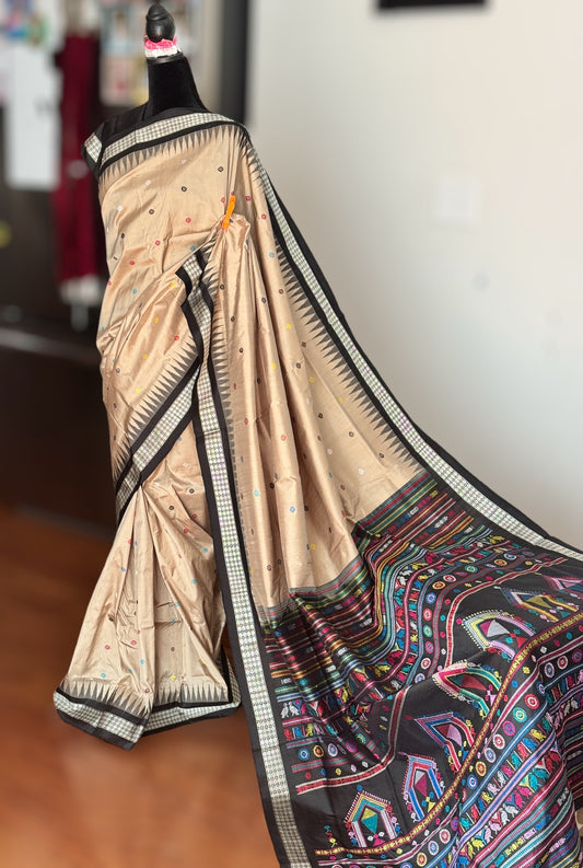 Gorgeous desert sand and black Combination Dolabedi pure silk saree from Odisha Weaves