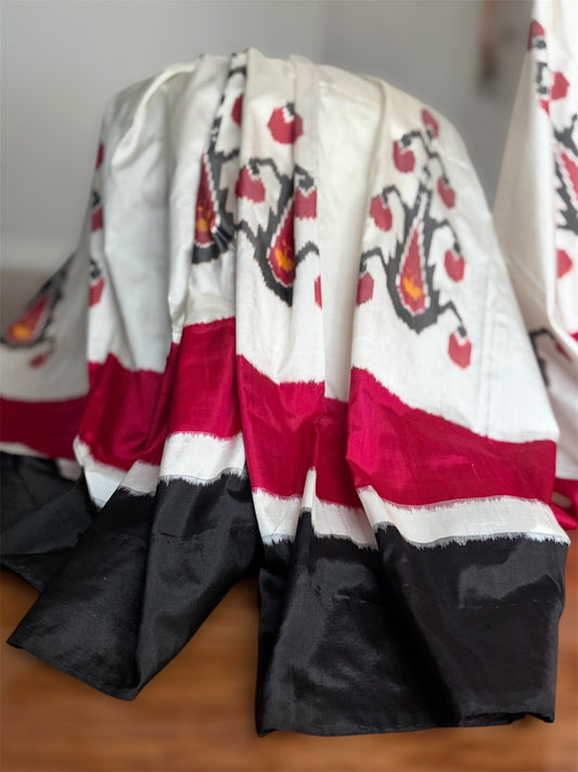 Cambodian inspired Pochampally handwoven double ikat pure silk saree| offwhite base| Sweta