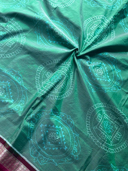 Handwoven Sage green and Pink yantra theme Sambalpuri ikat pure silk saree|Odisha Weaves|