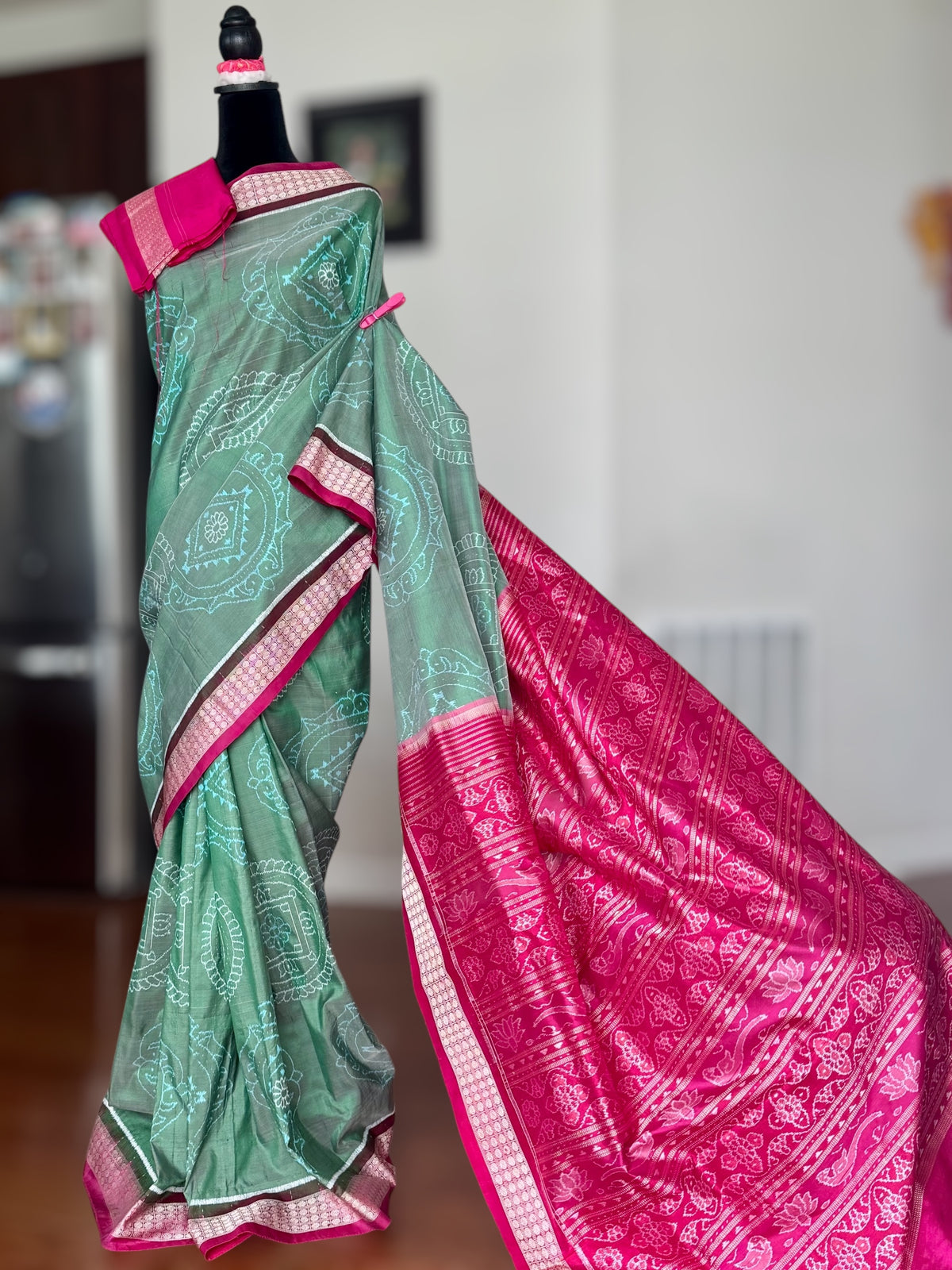 Handwoven Sage green and Pink yantra theme Sambalpuri ikat pure silk saree|Odisha Weaves|