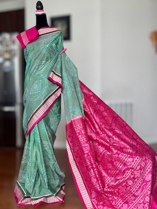 Handwoven Sage green and Pink yantra theme Sambalpuri ikat pure silk saree|Odisha Weaves|