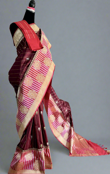 Maroon Luxurious Banarasi pure Katan Silk Saree with Rangkat Border