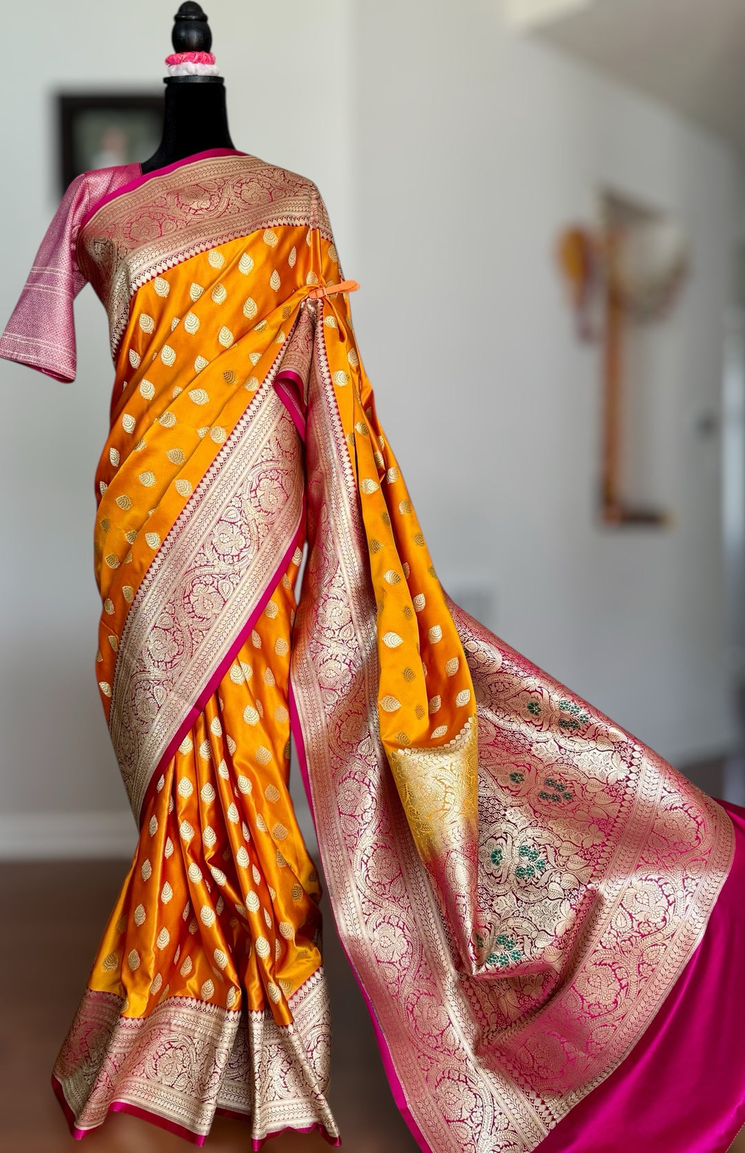 Orange Handloom Banarasi Silk Saree With Stitched Blouse