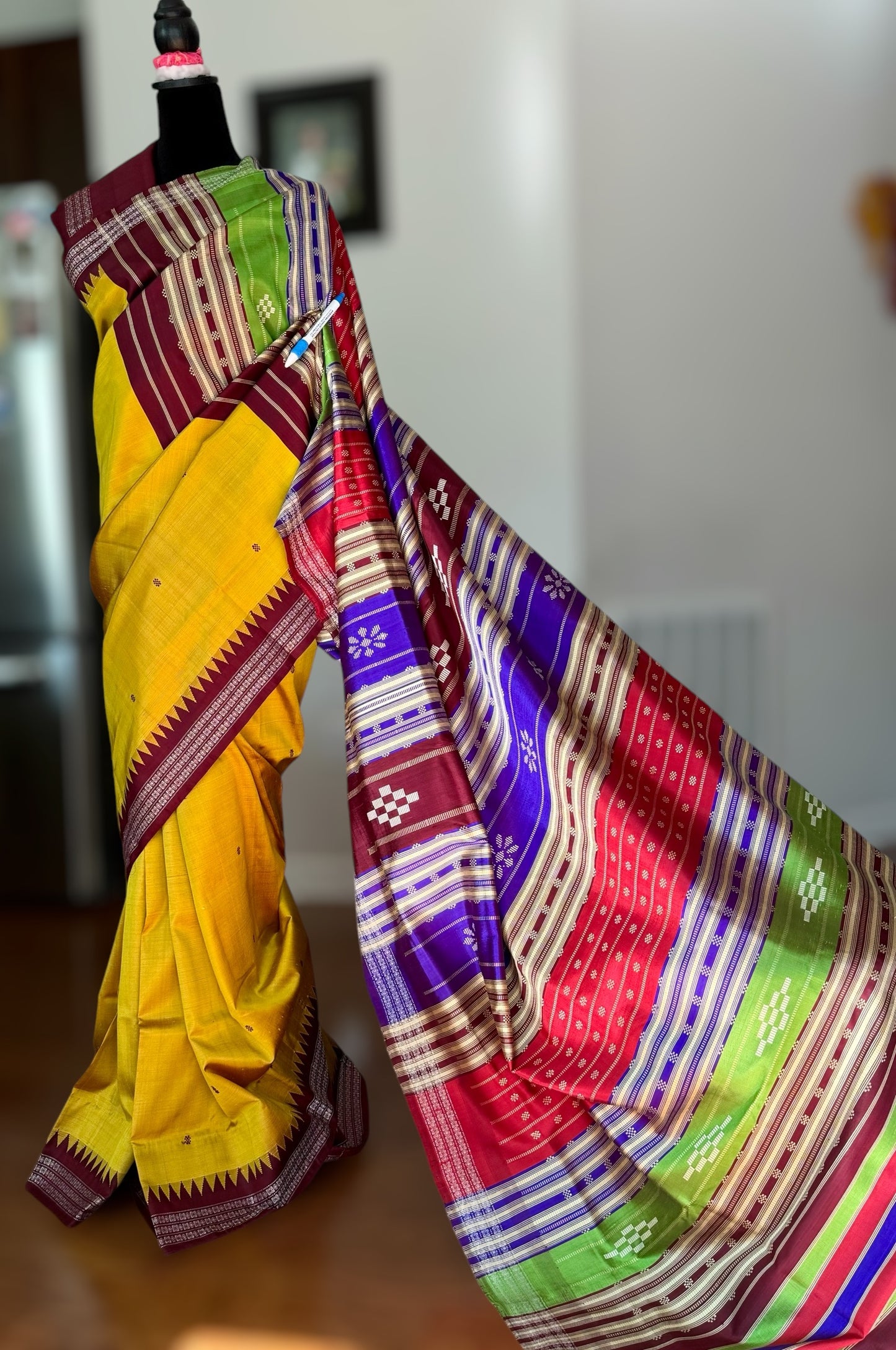 Mustard with brown combination Berhampuri Pure Silk Saree with Colorful double pallu