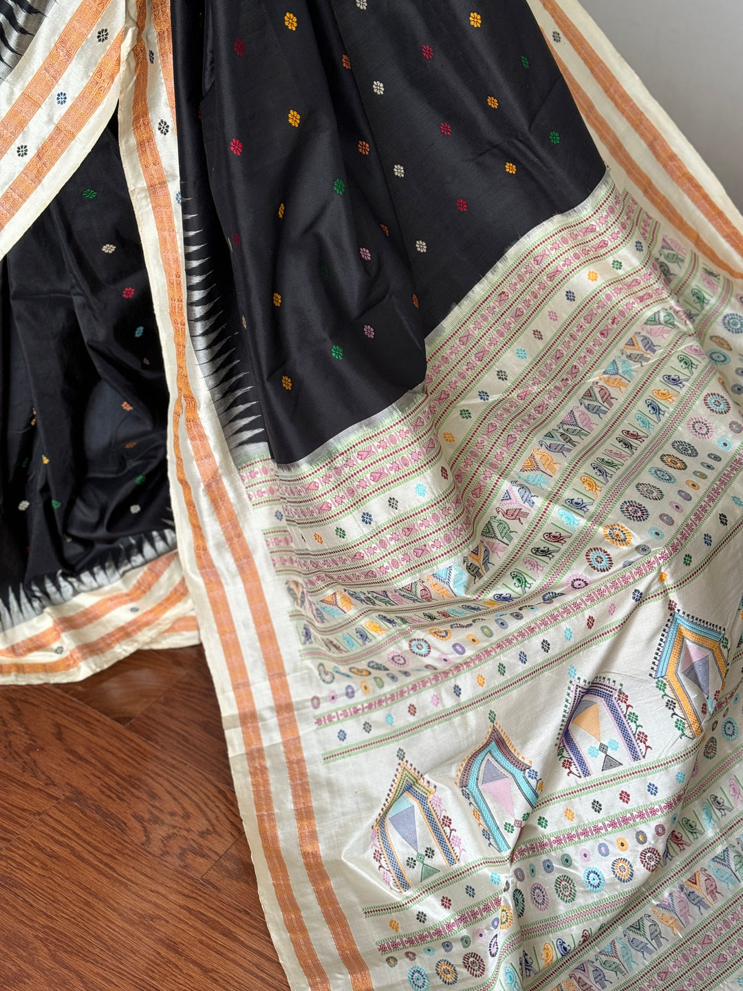 Gorgeous Black and Beige Combination Dolabedi pure silk saree from Odisha Weaves