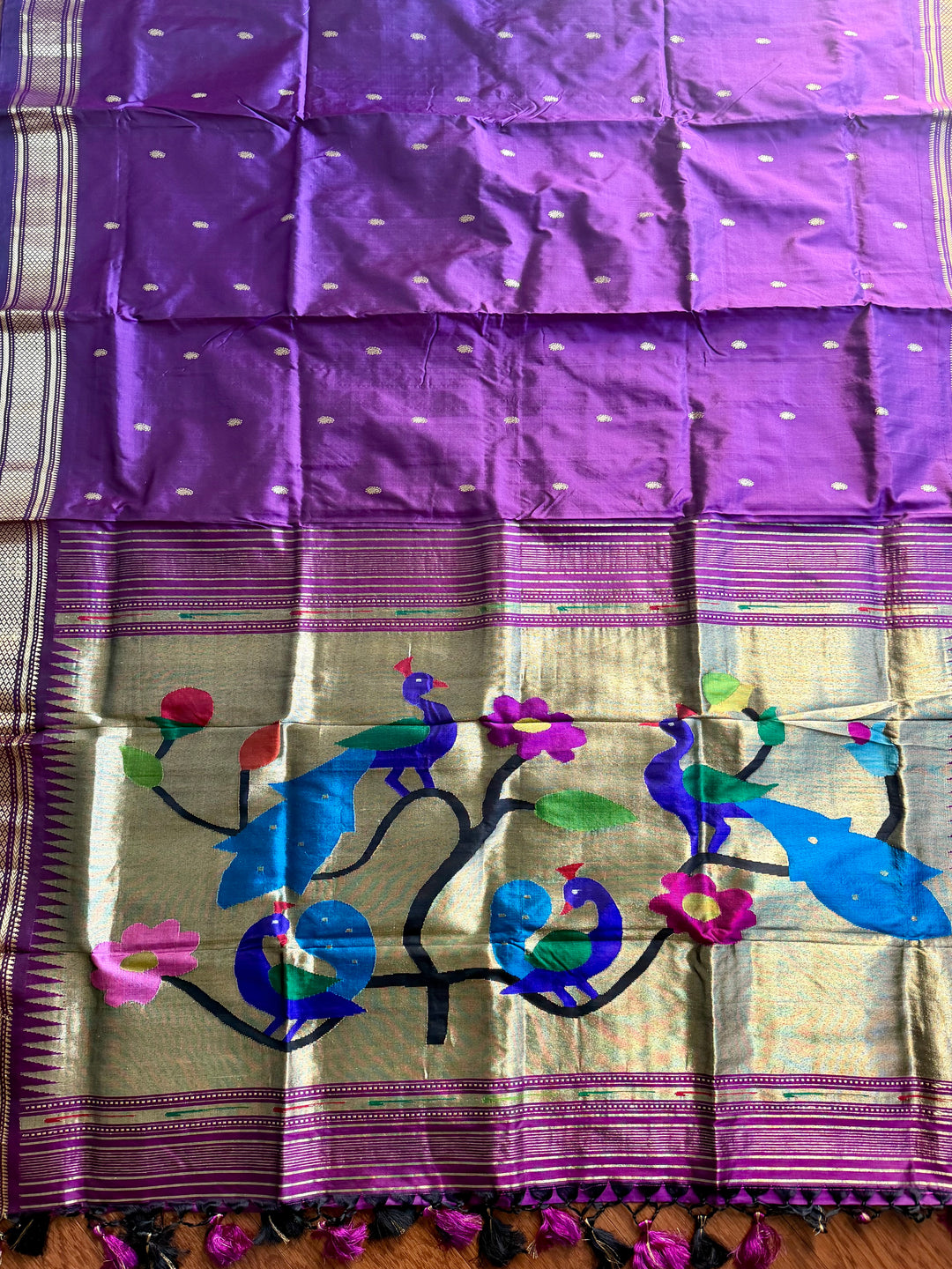 Handwoven Pure Silk Paithani Saree: Purple, Peacock Floral Pallu