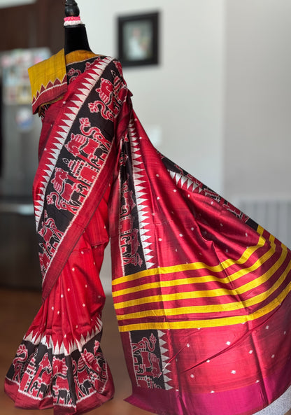 Maroon-ish Red Contemporary ikat pure silk Saree from Odisha weaves