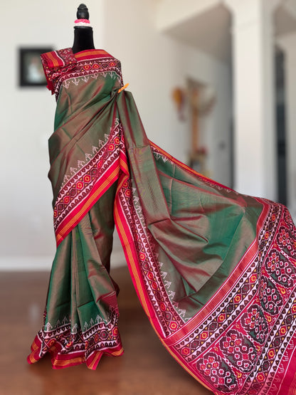 Shot Green with Red color combo Single ikat patan Patola pure silk saree