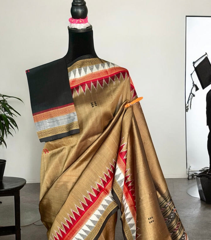 Ikat Khandua Pure Silk Saree from Odisha weaves in a sandy brown color |Odisha Weaves