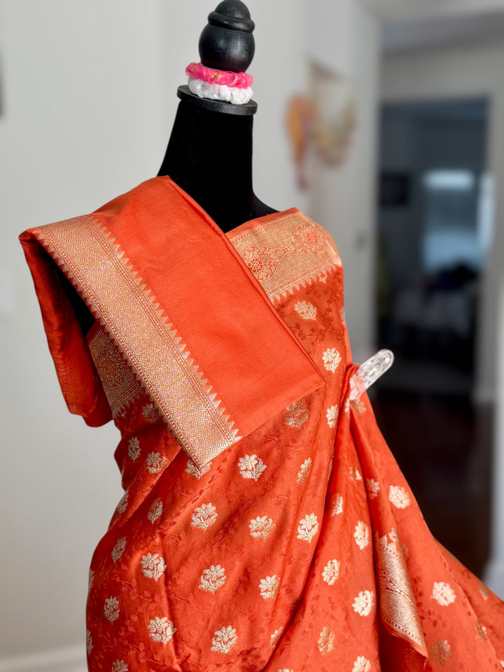 Banarasi Semi Mashru Silk Orange color Saree|Value Vogue