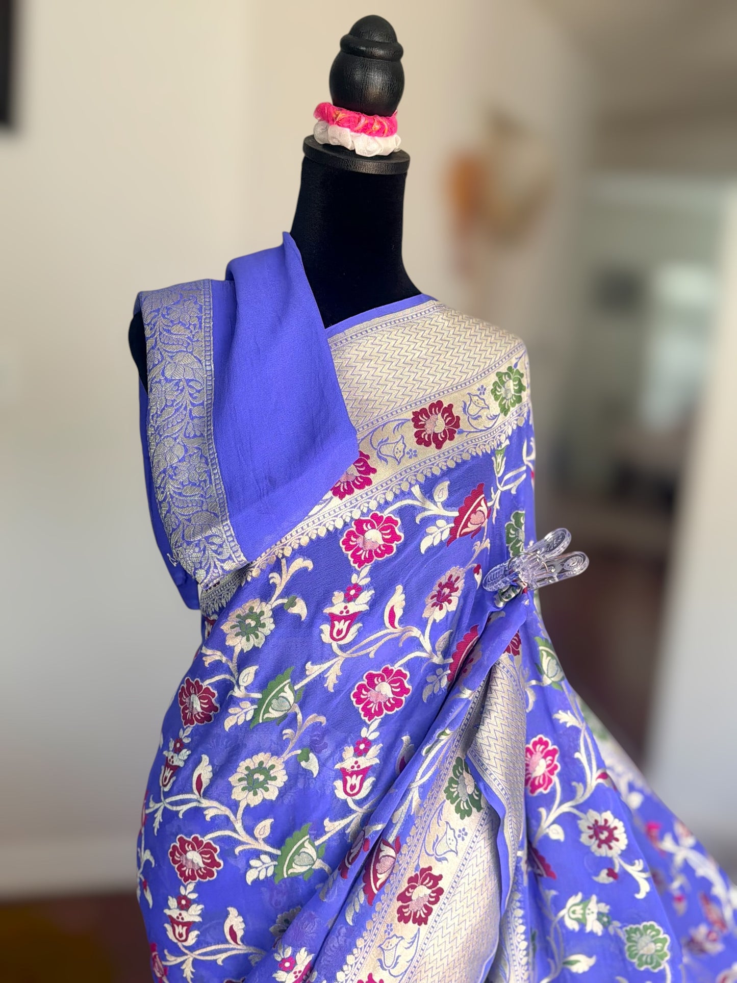Light lavender-ish blue Banarasi hand woven pure khaddi georgette saree with Tilfi meenakari