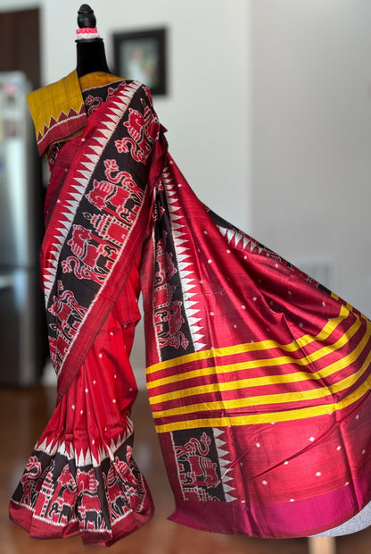 Maroon-ish Red Contemporary ikat pure silk Saree from Odisha weaves