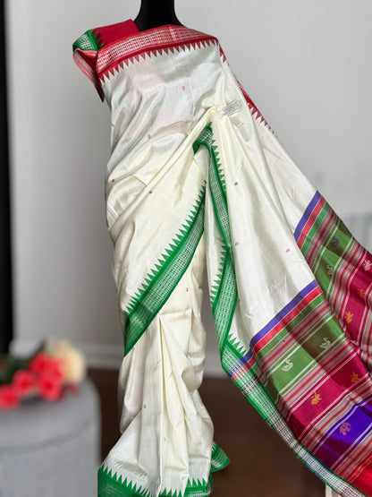 Red and Green Ganga Jamuna Berhampuri pure silk single pallu pure silk saree in white